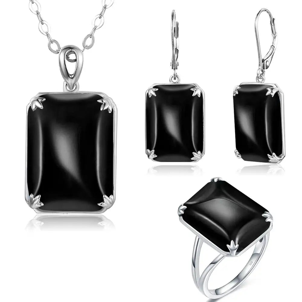 Szjinao Gold Jewelry Set For Women Real 925 Sterling Silver Black Onyx Pendant Earrings Ring Set Vitage Fine Jewelry Handmade