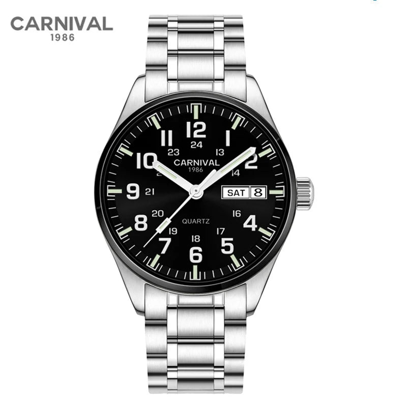 Carnival Brand Fashion Quartz Wrist Watch for Men Luxury Stainless Steel Luminous Military Watches Waterproof Clock Reloj Hombre