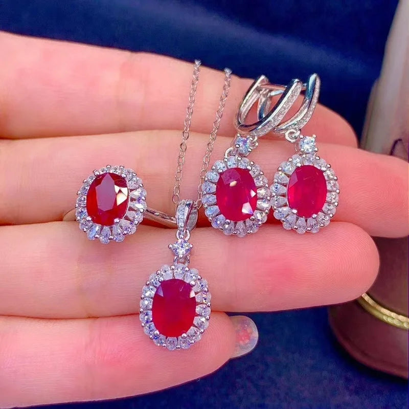 Natural New Ruby Gemstone Fine Wedding Jewelry Sets 925 Silver Earrings Ring Pendant Necklace Three-piece Suite