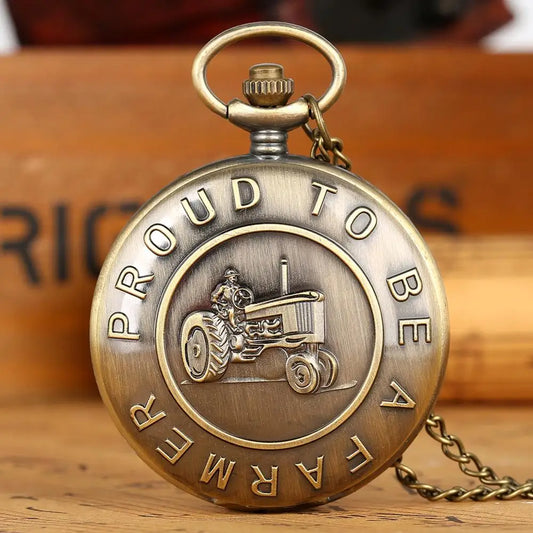 Retro Bronze "Proud To Be A Farmer " Tractor  Quartz  Pocket Watch Steampunk Necklace Pendant Quartz Fob Watches for Men Women