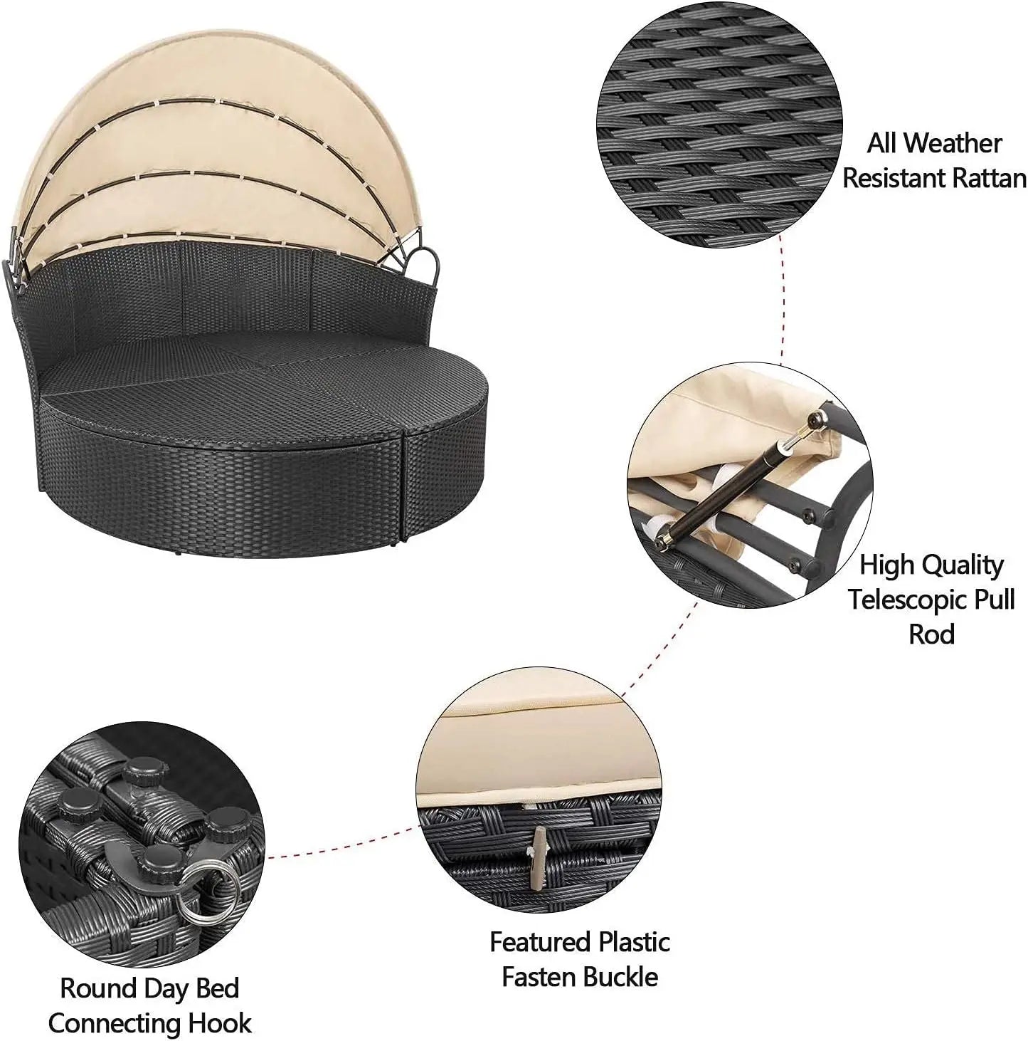 Patio Outdoor Daybed with Retractable Canopy Rattan Wicker Sectional Seating with Washable Cushions for Patio Backyard Porch Rou