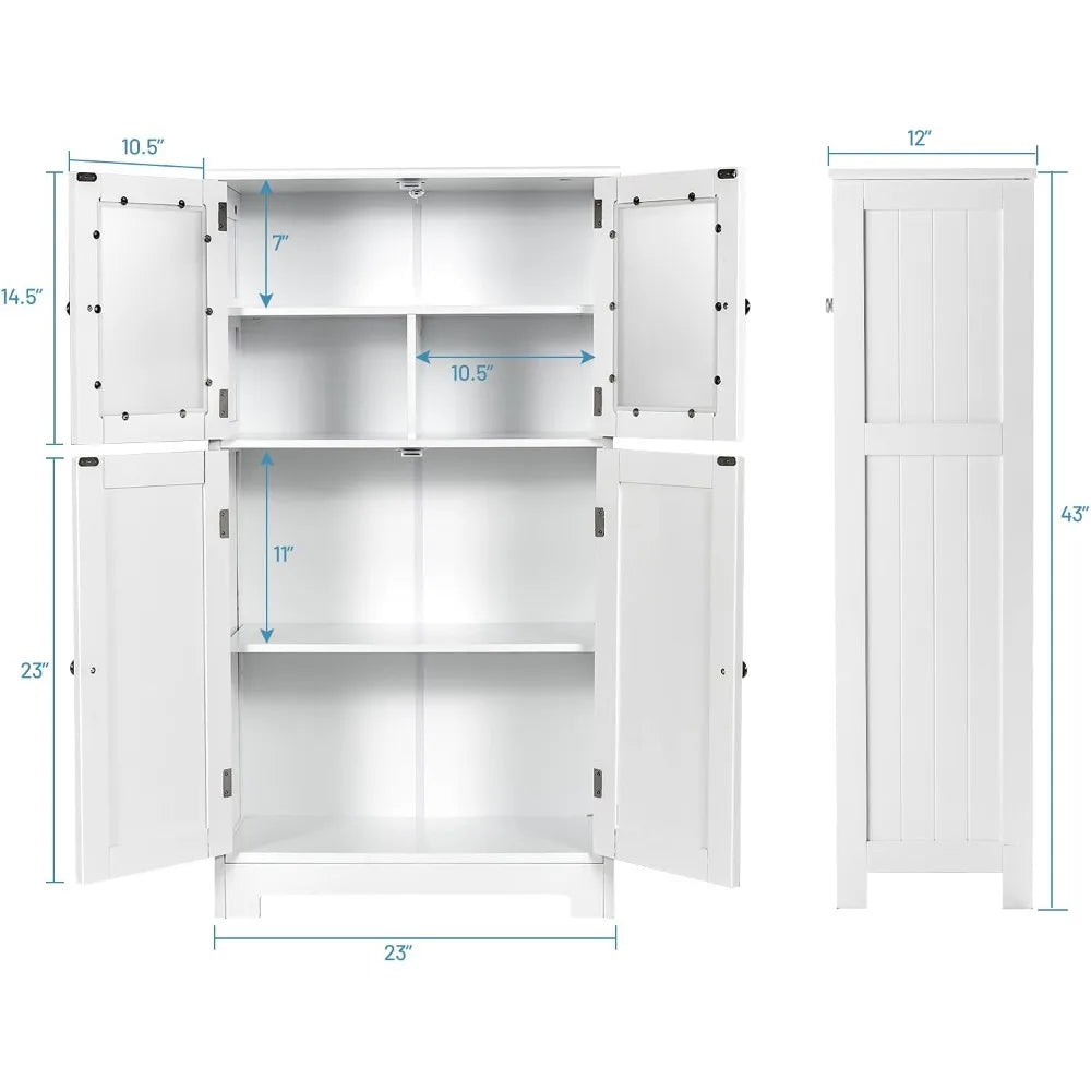 Bathroom Floor Cabinet, Freestanding Storage Cabinet w/Glass Doors, Wood Kitchen Cupboard w/Adjustable Shelf, Bathroom