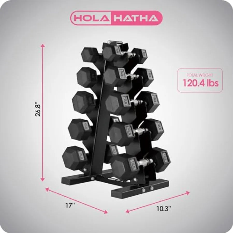 HolaHatha Hexagonal Rubber Dumbbell Weights Set with Rack for Home Gym 100 Lbs Total Capacity Black Portable Adjustable Dumbbel