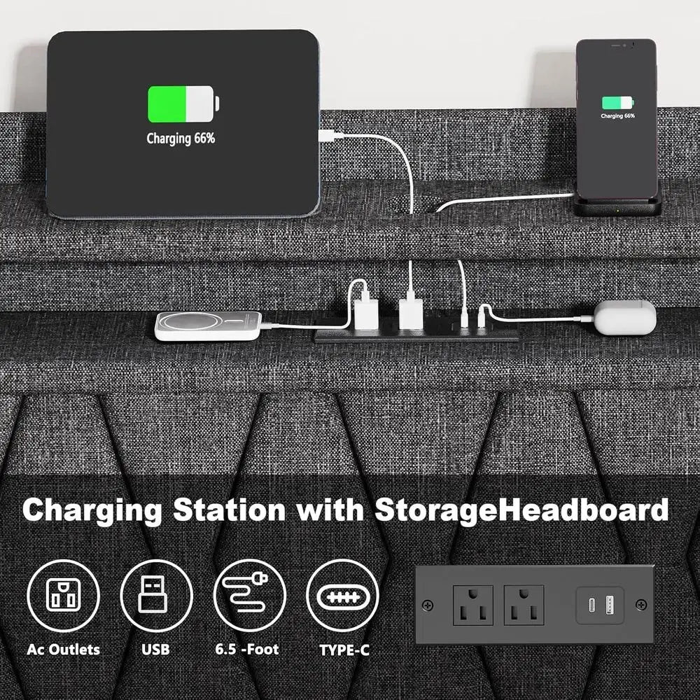 King Size Upholstered Bed Frame with Headboard, 4 Drawers, Charging Station, Dark Grey, Easy Assembly, No Box Spring Needed
