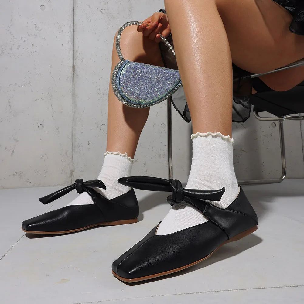 Bow Knot Ballet Flats Shoes for Women Bowtie Strap Ballerina Shoes Slip-on Square Toe Mary Jane Flats