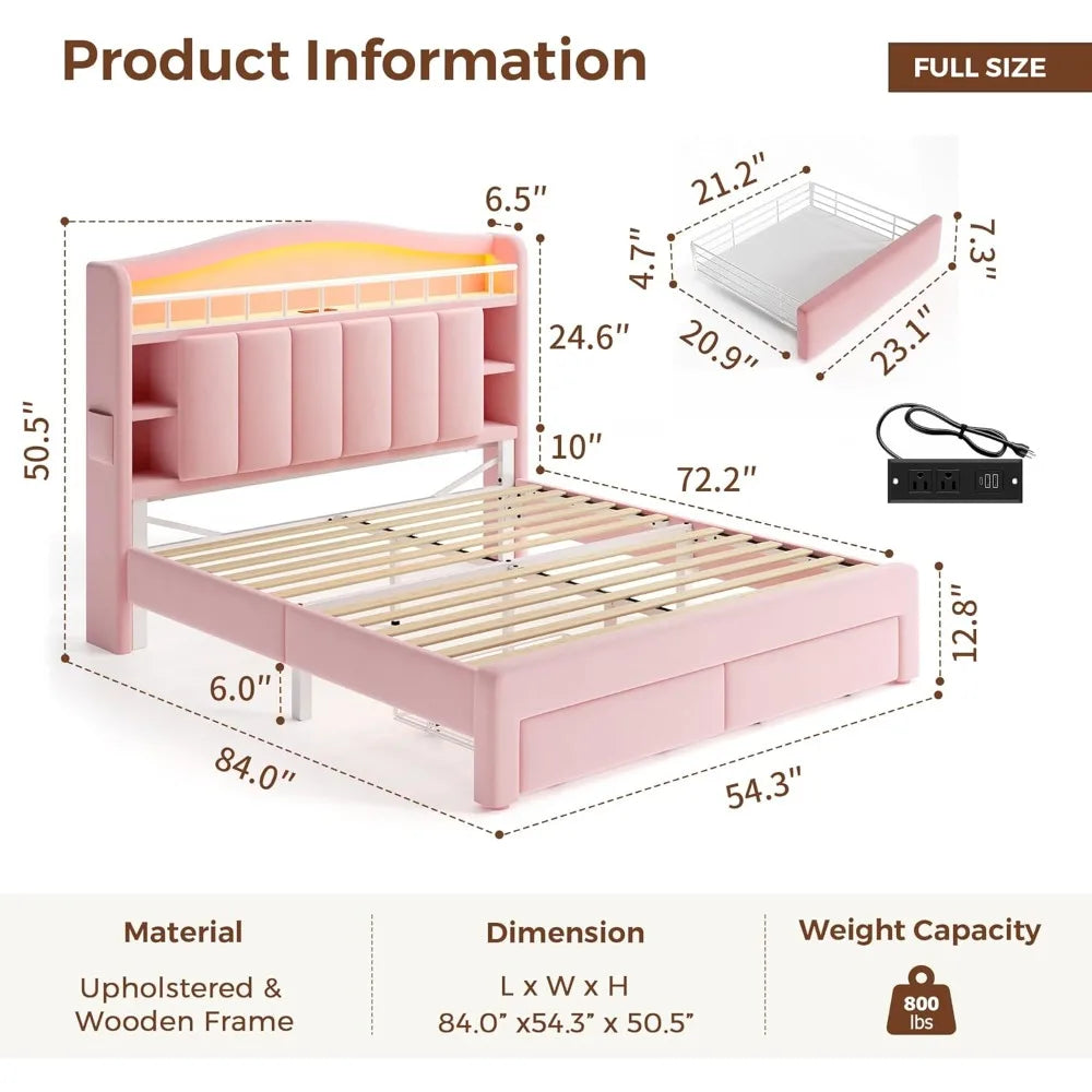 LED-Illuminated Bed Frame with Storage, Headboard & Two Drawers, Velvet Princess Bed with Vertical Tufting