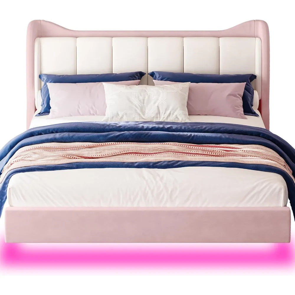 Velvet-Covered King Size Platform Bed Frame with LED Lighting, Headboard Included, Solid Wood Slat Support, No Box Spring Needed