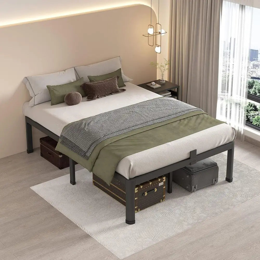14 Queen Metal Bed Frame, Heavy Duty 3000 lbs Support, Round Corner Legs, No Box Spring, Easy Assembly