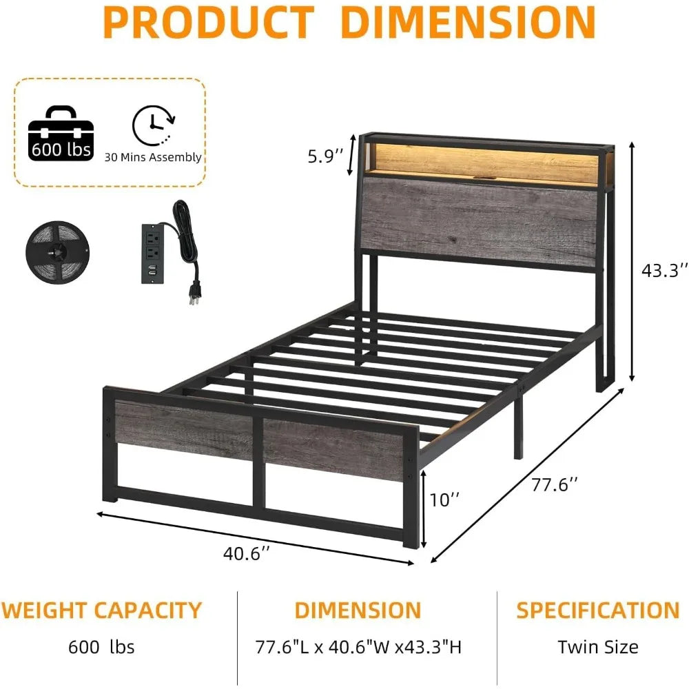 Twin Size Bed Frame with Built-in Charging Port and LED Lighting, Twin Bed Platform with Storage Headboard and Strong Steel Slat