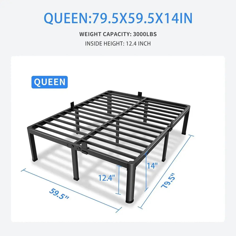 14 Queen Metal Bed Frame, Heavy Duty 3000 lbs Support, Round Corner Legs, No Box Spring, Easy Assembly