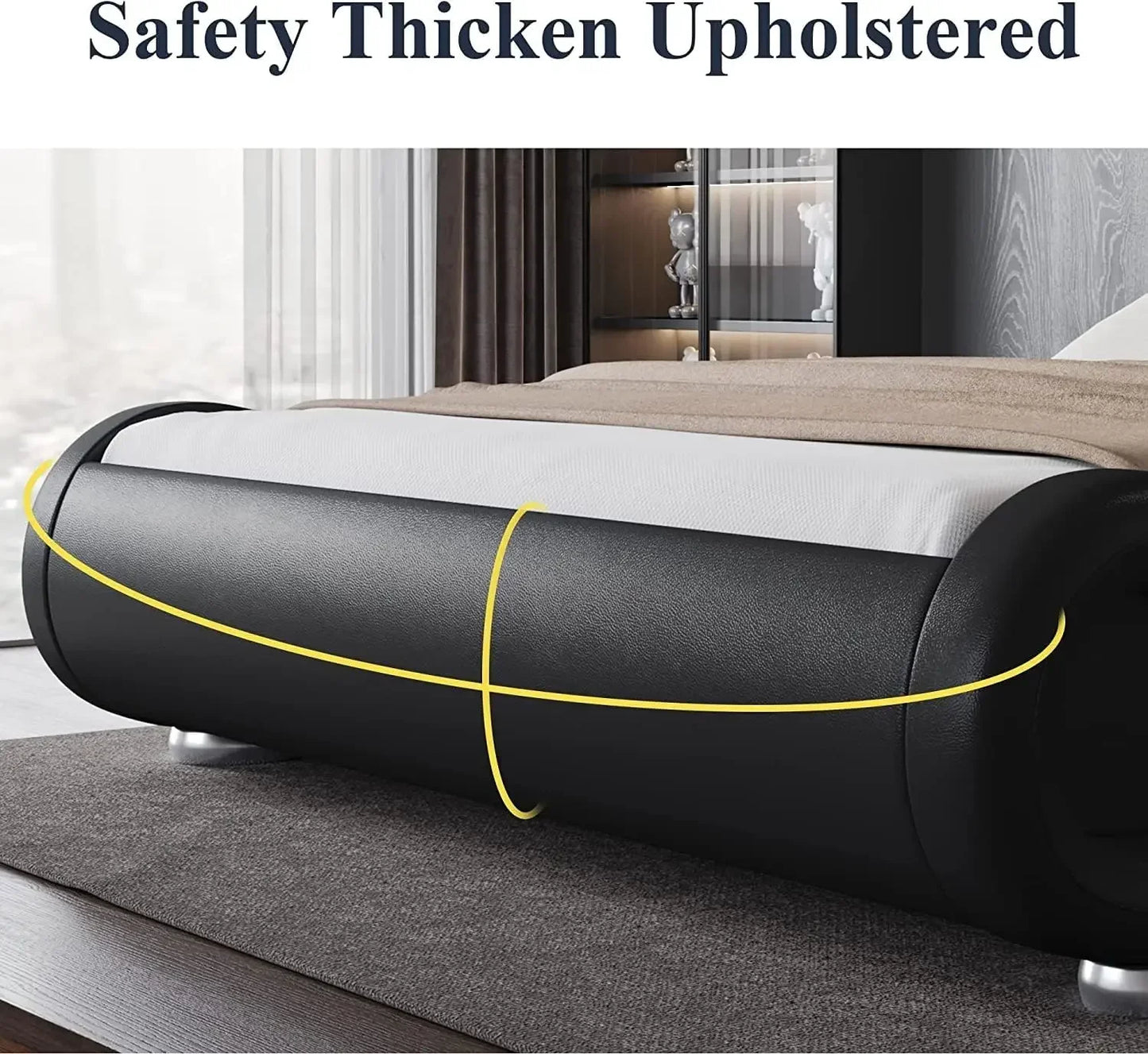 Large bed frame, ergonomic, adjustable headboard, low profile modern cushioned platform sled design - easy to assemble, black