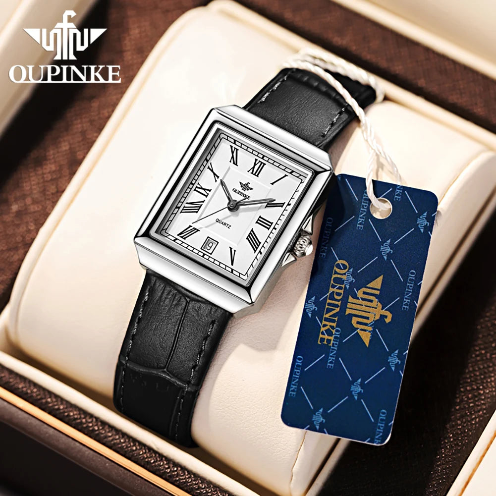 OUPINKE 3182 Simple Womens Watches Elegant Rectangular Dial Quartz Watch Leather strap Date Waterproof Original Lady Wristwatch