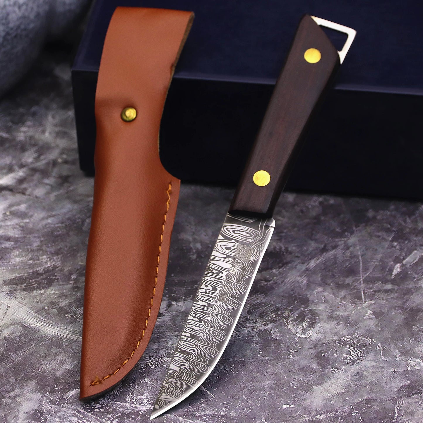 WPKOPYA USA 420C steel (Damascus pattern) Outdoor knife + sheath, camping knife, hunting knife, EDC knife