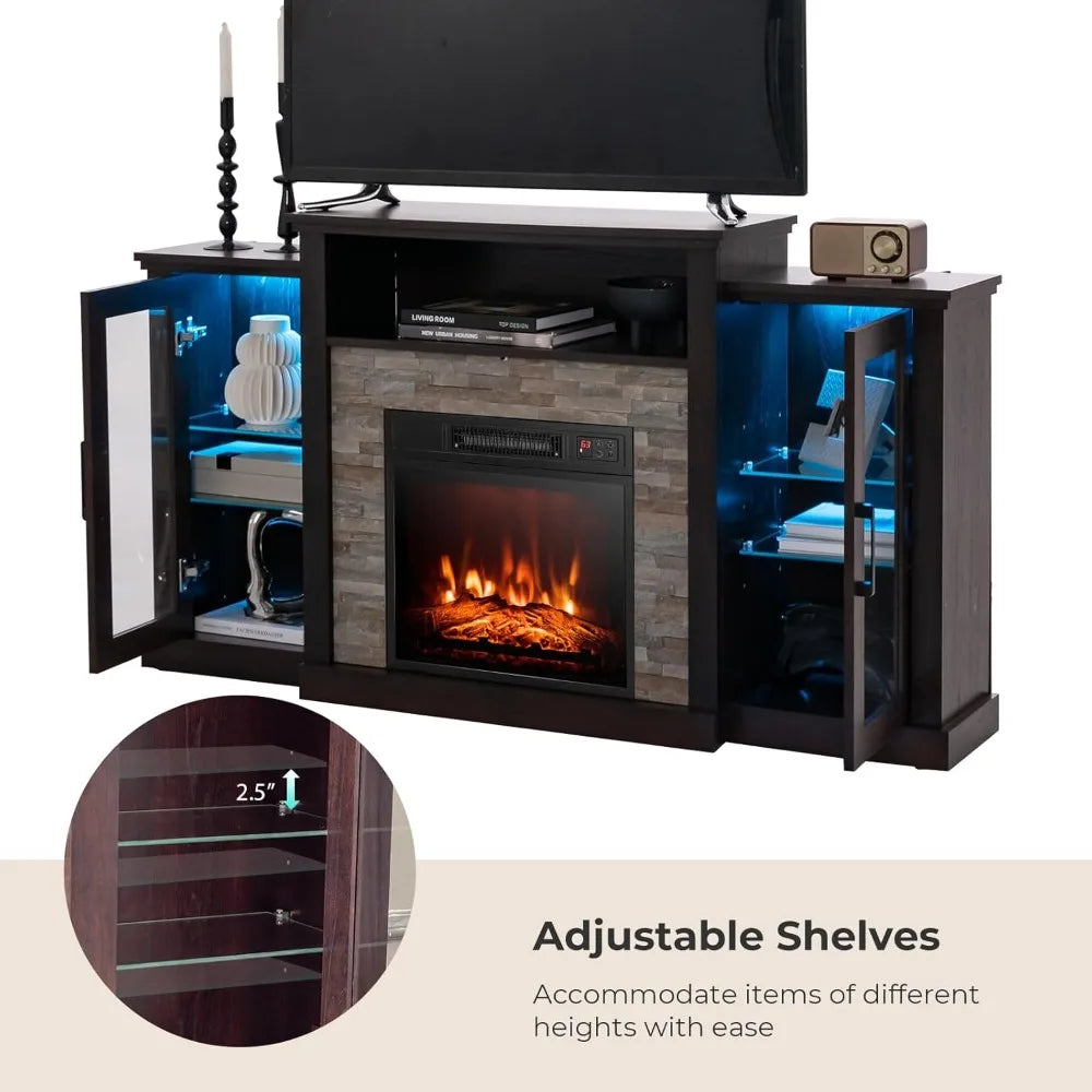 Fireplace TV Stand with LED Lights for TV up to 65”, Entertainment Center with 18” Electric Fireplace, Remote & APP Control
