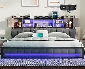 Queen Bed Frame with Storage Bookcase Headboard & LED Lights, Upholstered Bed Frame Queen Size with USB Charging Station, Heavy