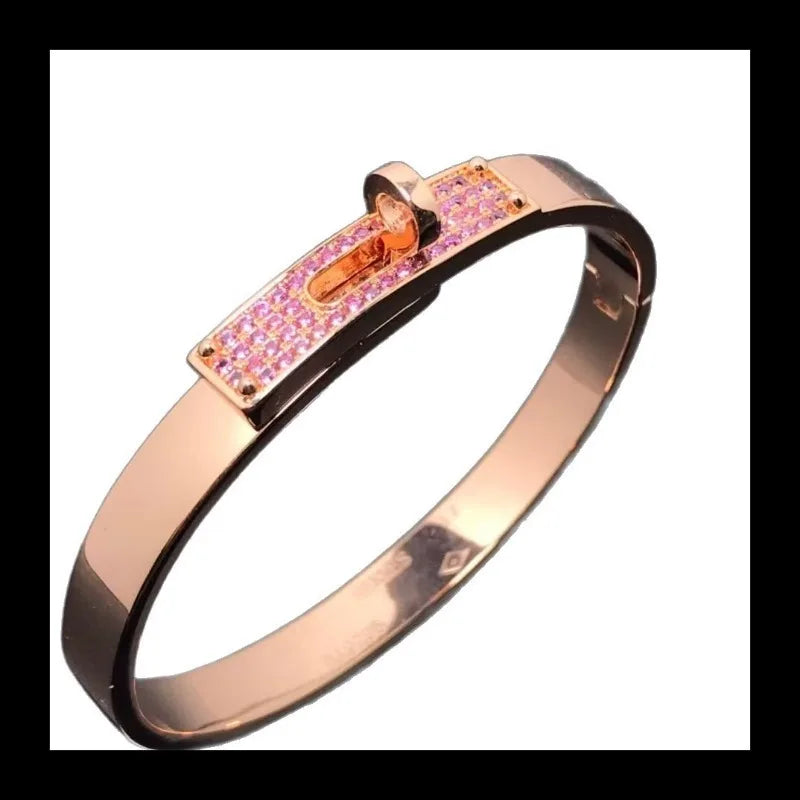 High Version Sterling Silver Kelly Pig Nose Full Diamond Bracelet Swing Button Gypsy Lock Rose Gold 18k Couple