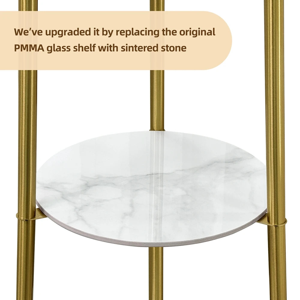 Floor lamp with shelf, modern corner display column bookshelf lamp, suitable for living room,  white marble and golden pillars