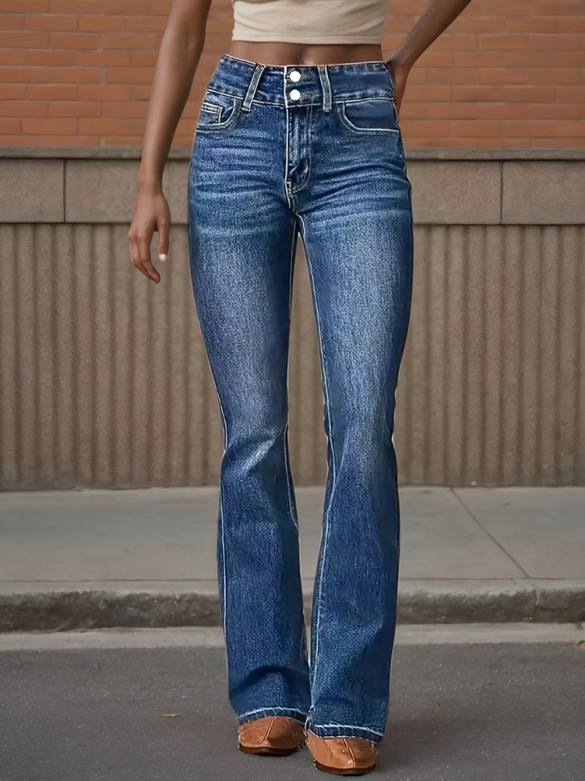 New Women's High Waisted Elastic Flared Jeans, Retro Washed Slim Fit Basic Jeans, Suitable for Daily Wear