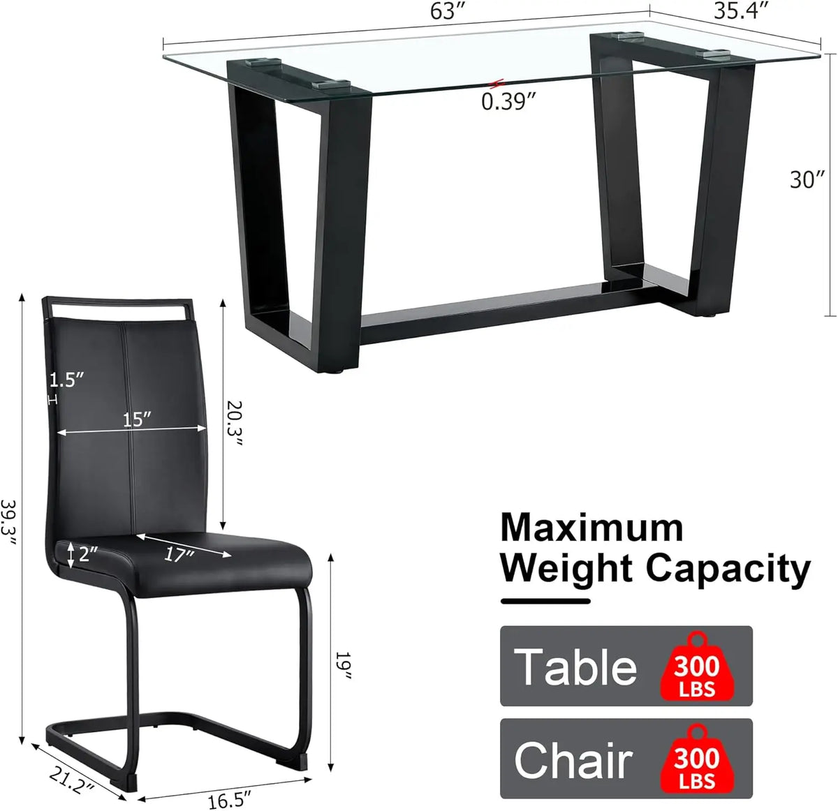 63" Glass Dining Table Set for 6,Dinner Table Set for 6,Glass Top Dining Room Table &6 PU Leather Chairs,Rectangle Black