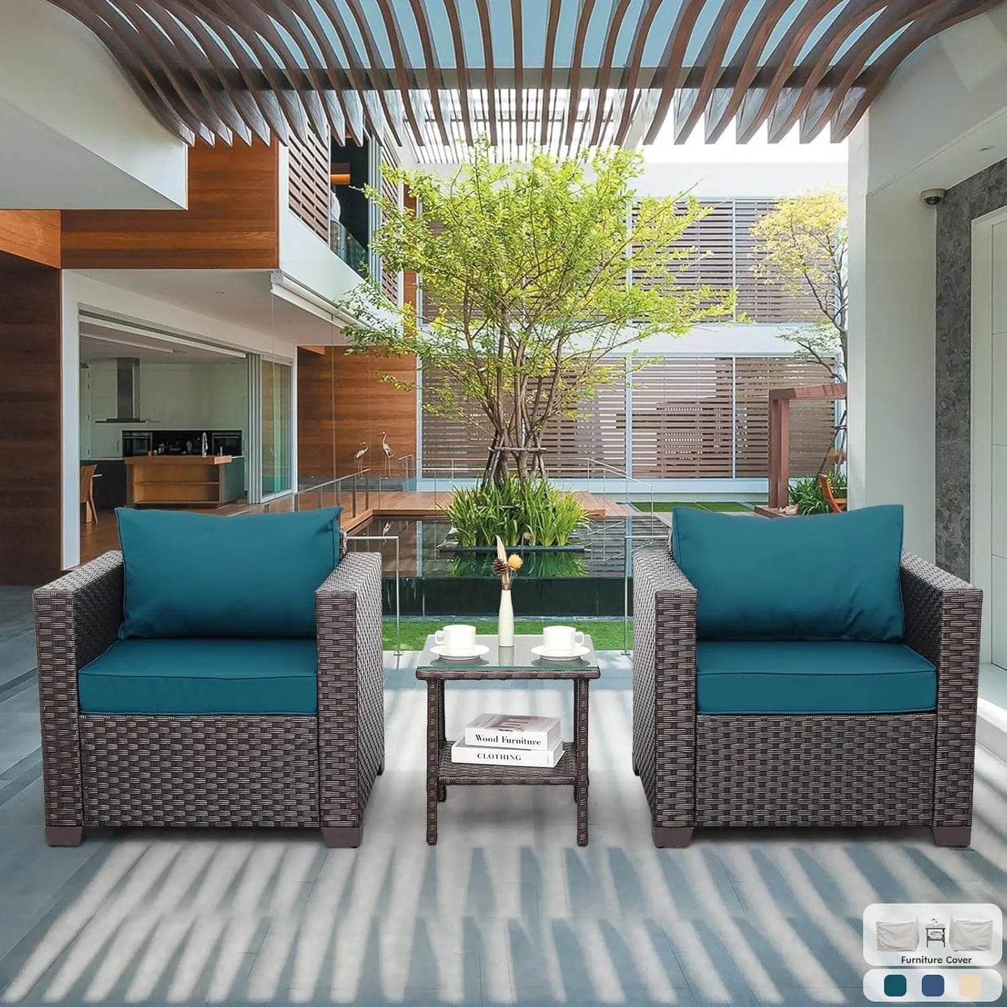 Patio Furniture 3 Piece Patio Set Patio Conversation Sets Outdoor Chairs and Glass Side Table Balcony Furniture with Non-Slip