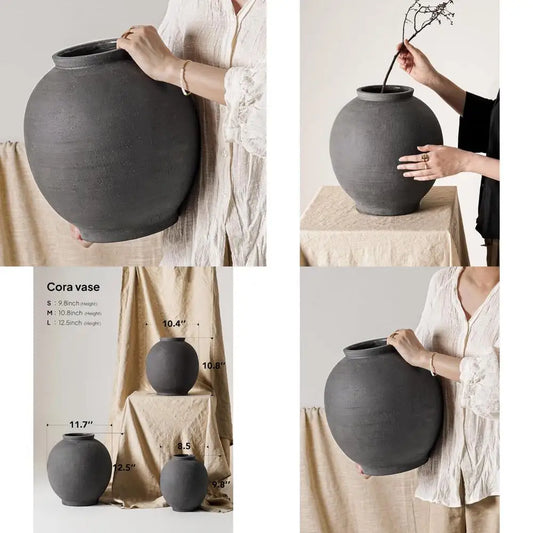 Large Round Black Ceramic Floor Vase, 12.5 Inch Tall, Ideal for Centerpieces and Rustic Minimalist Home Decor, Farmhouse Style A