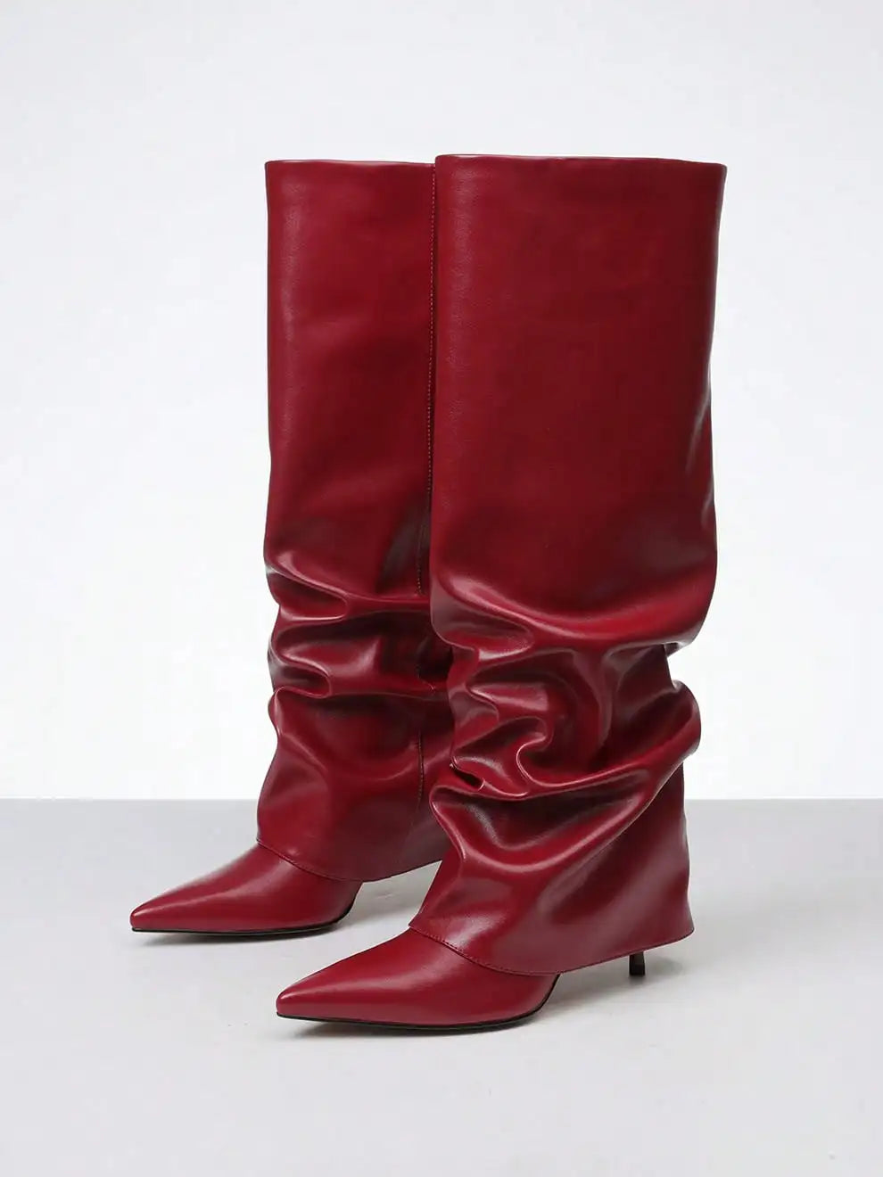 Stylish Women's Slouchy Knee High Boots Stilettos Thin High Heels Ruched Wide Calf Shark Fold Over Boots Women Dress Shoes