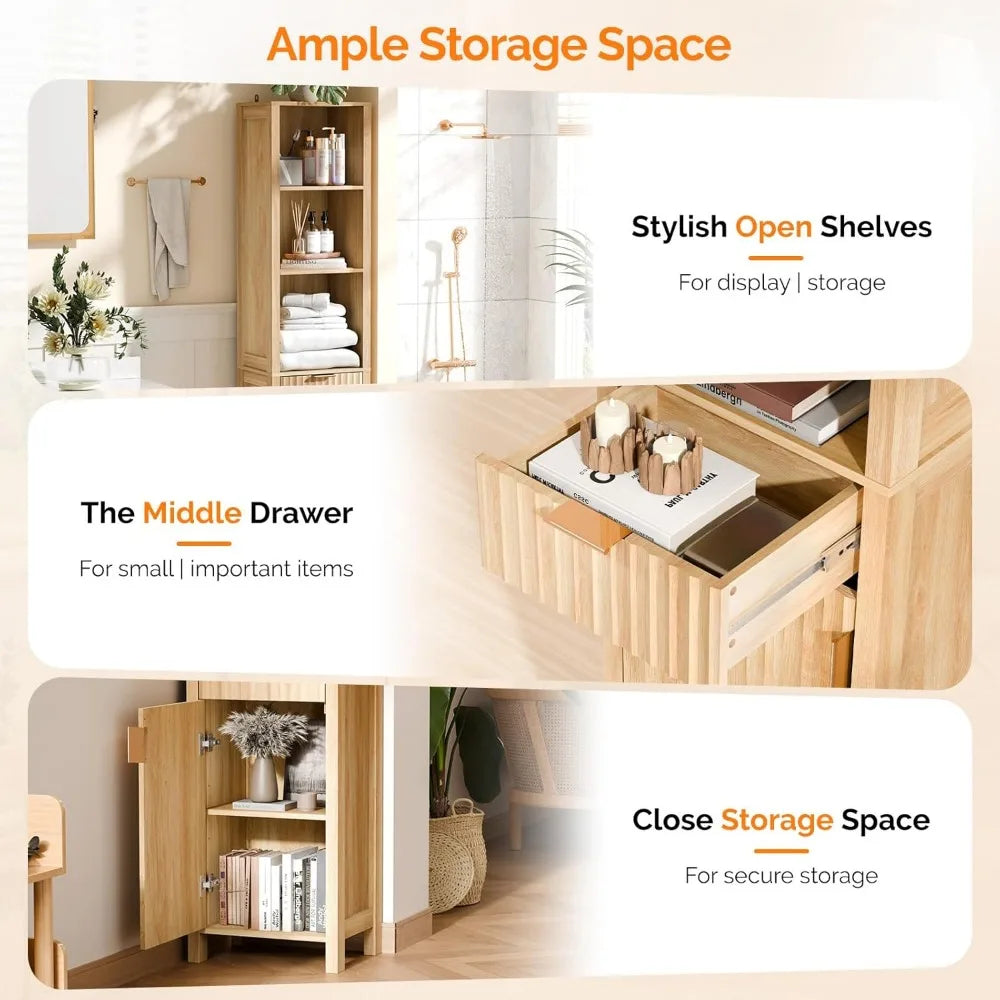 Narrow Fluted Bathroom Floor Skinny Storage Cabinet with 1 Fluted Door&Drawer,68 Tall Narrow12 Inch Deep Slim Bathroom St