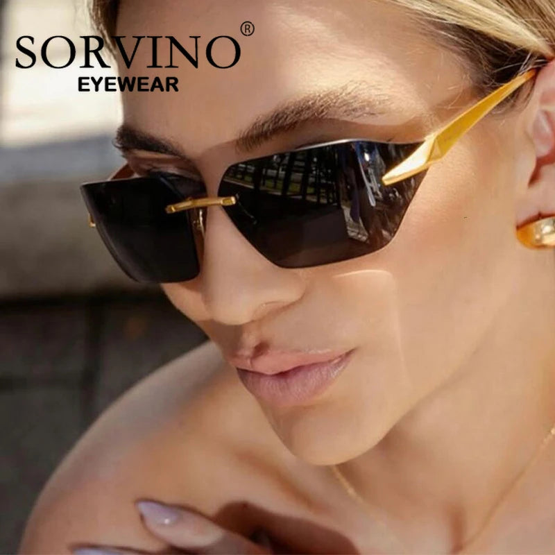 SORVINO Luxury Retro Wrap Around Sunglasses Designer Trendy Rimless Sun Glasses Cyberpunk Eyewear for Women Men Rave Party