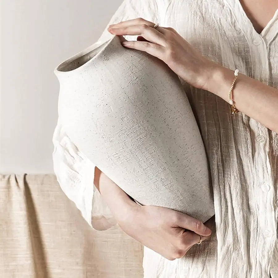 White Ceramic Vase - Large 11.8 Inch Tall Floor Vase for Centerpieces, Farmhouse Rustic Minimalist Home Decor for Living Room, E