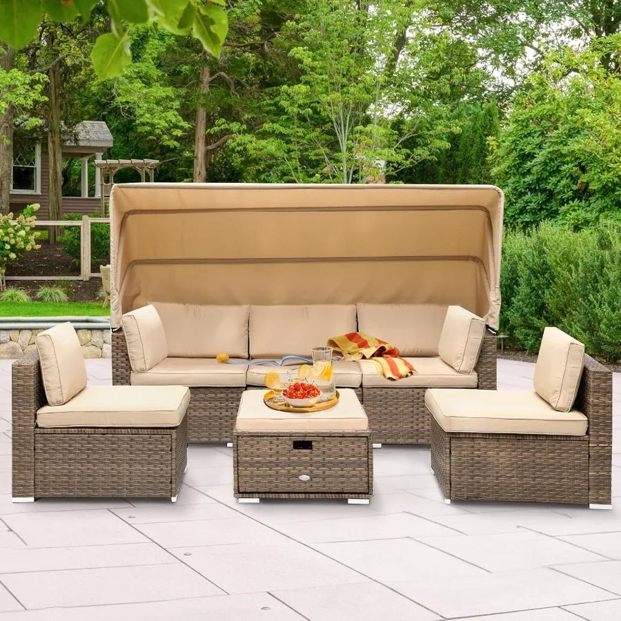 Outdoor Patio Wicker Daybed Furniture Set with Retractable Canopy Storable Side Table and Soft Cushions for Relaxing in Your Ba