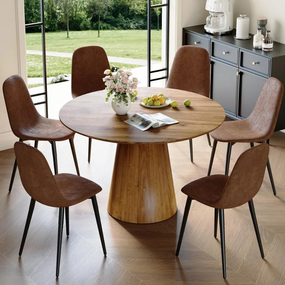 Round Dining Table Set for 6, 45 Inch Round Dining Table with Cushioned Chairs, Brown Kitchen Table and Chair Set for Living Roo