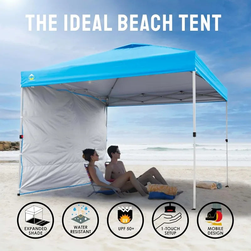 CROWN SHADES 10x10 Pop Up Canopy with 1 Side Wall - Beach Tent with One Push Setup - Gazebo with STO-N-Go Cover Bag (Sky Blue)