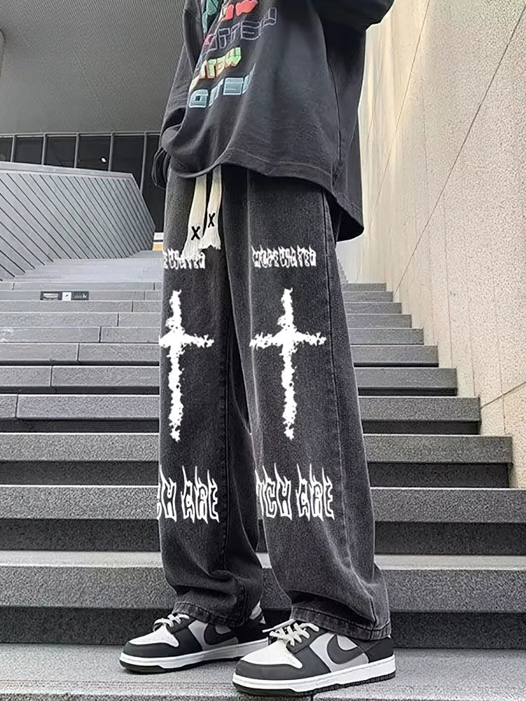 Printed Black Baggy Jeans Pants Men Straight Oversize Graphic Casual Wide leg Denim Long Trousers Korean Drawstring Sweatpants