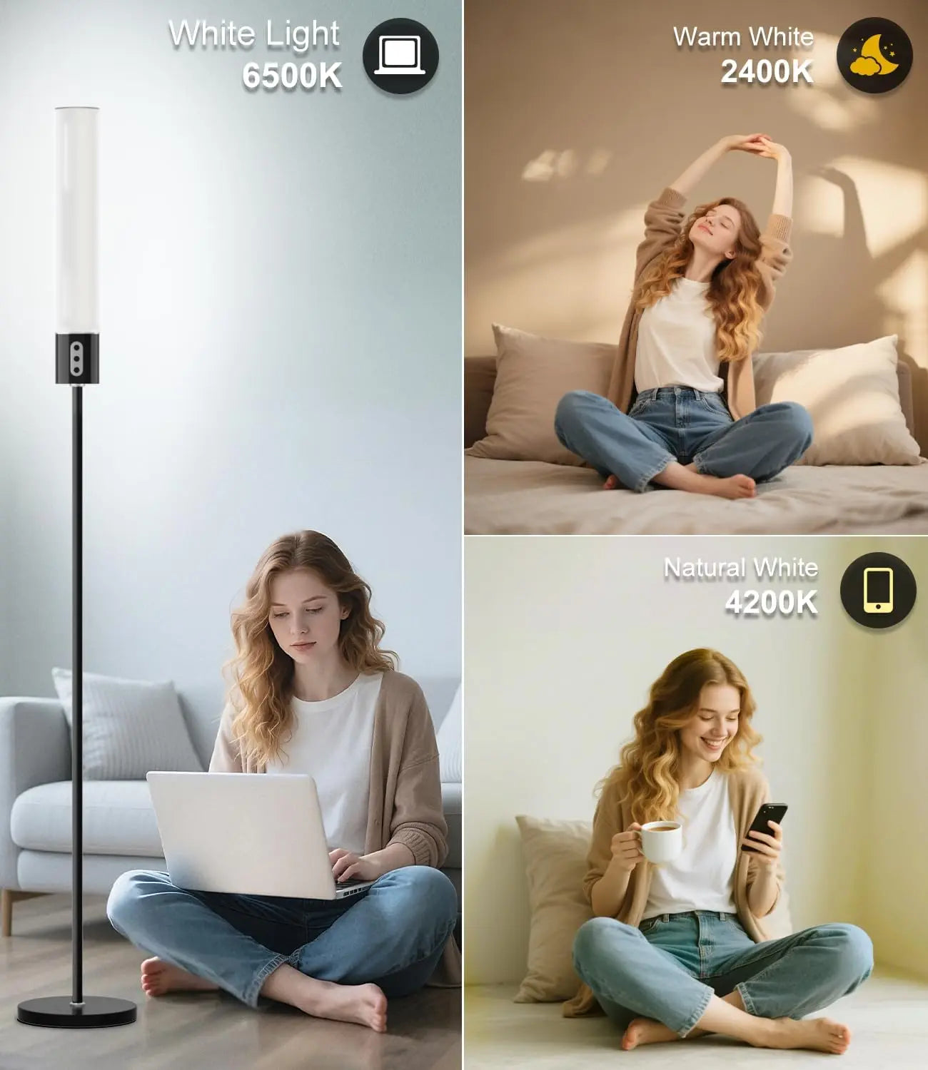 RGBICW Smart Floor Lamp, 1500Lumen, Music Sync, 16M Colors, Dimmable, Remote & App Control LED Lamp for Bedroom, Living Room