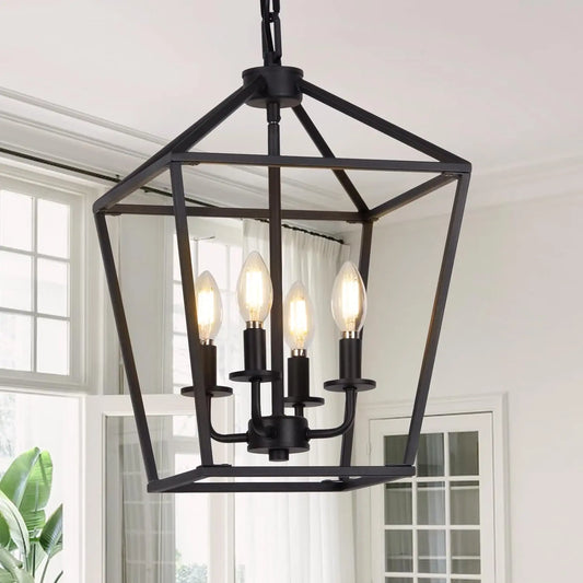 4 Light Chandelier, Industrial Ceiling Light Black Lantern Light Fixtures with Farmhouse Metal Cage Adjustable Height Rustic Geo