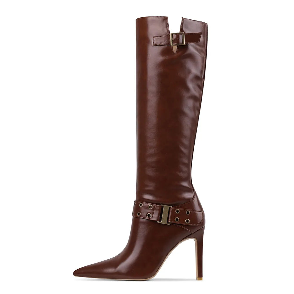 Sexy Pointed Toe Thin High Heel Female Fashion Modern Boots Hollow Metal Punk Spring/Autumn Party Mid-calf Boots For Women