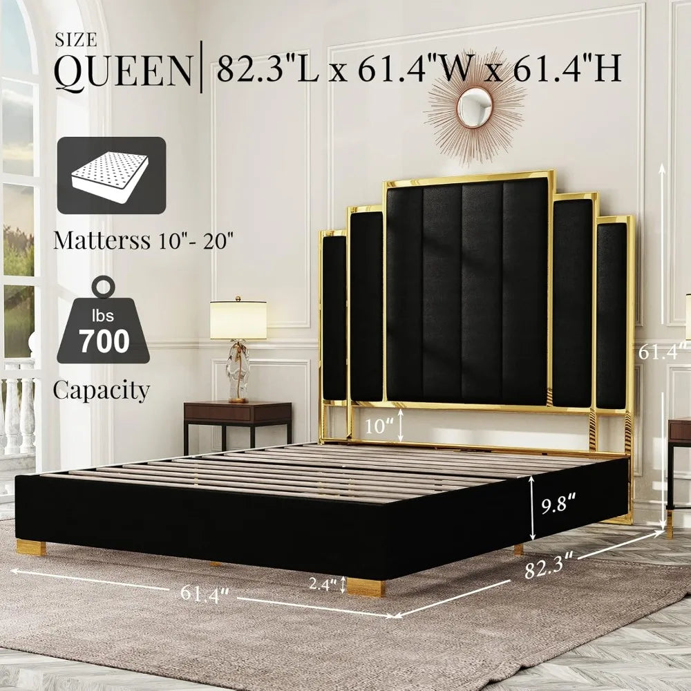 Albott Queen Size Platform Bed Frame, 61.4 Velvet Upholstered Bed with Gold Trim Headboard/Wooden Slats/No Box Spring Needed/Bla