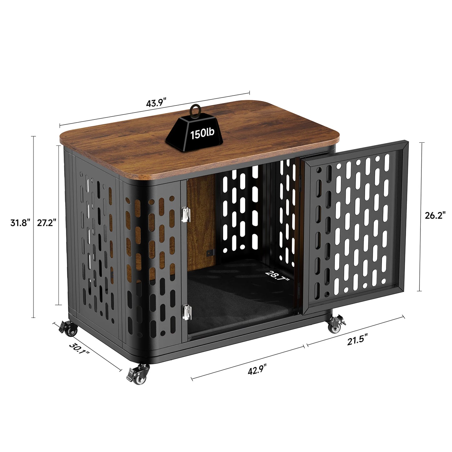 Dog Crate Pet Furniture with Cushion Wood Dog Kennel with Flexible Wheels Multi-Purpose Dog Cage for Large Small Medium Dogs