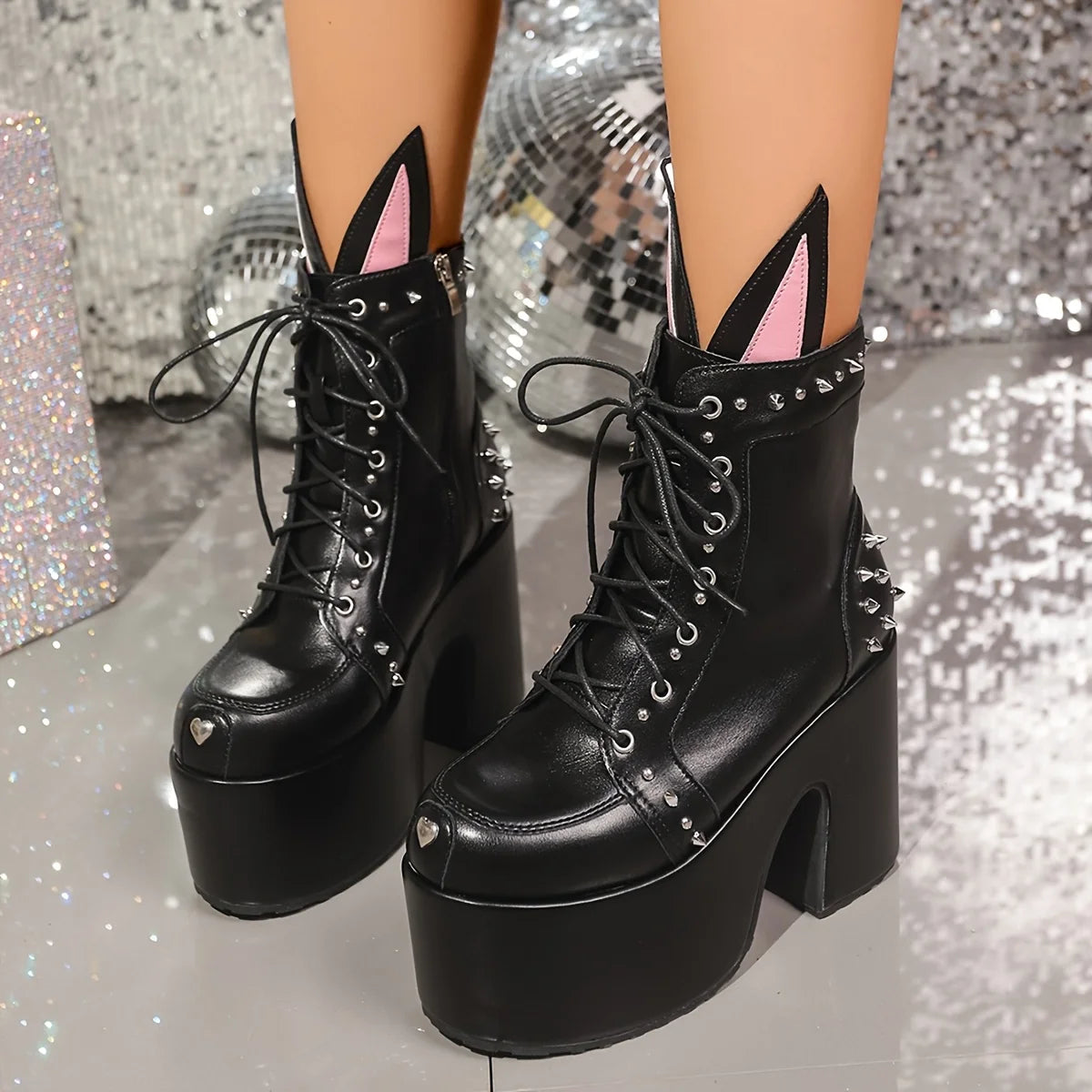 Women's Y2K Goth Ankle Boots Fashion Punk Rivet Buckle Platform Block Chunky High Heels Cute Ear Decoration Street Cosplay Boots