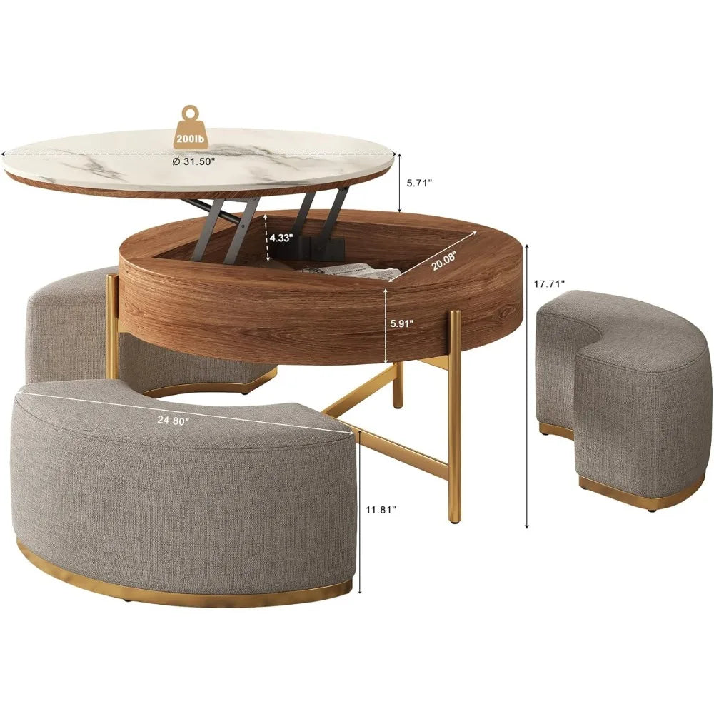 32'' Elegant Round Lift-Top Marble Coffee Table Set with Hidden Storage Soft Nesting Ottomans Modern Farmhouse Living Room Decor