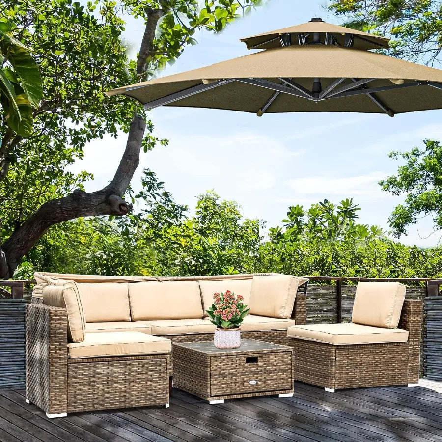 Outdoor Patio Wicker Daybed Furniture Set with Retractable Canopy Storable Side Table and Soft Cushions for Relaxing in Your Ba