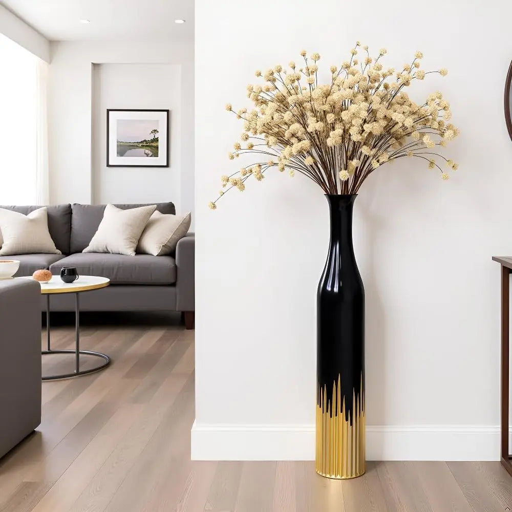Black Tall Cylindrical Decorative Floor Vase with Gold Tooth Design for Home Living Room Entryway Wedding Resin Vases