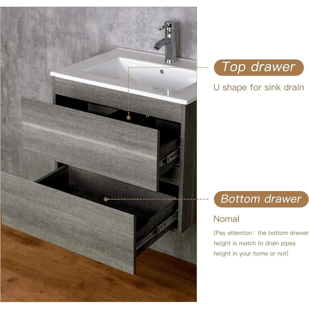 24" Wall Mounted Bathroom Vanity with Sink Grey Floating Vanity Two Drawers Bathroom Cabinet with White Ceramic Integrated Sink