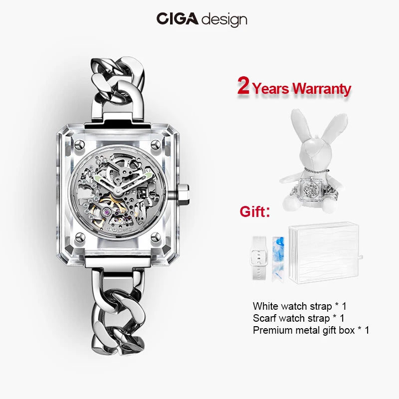 CIGA Design R Series Crystal Love Ladies Watches Luxury Automatic Watch Women Transparent Skeleton Mechanical Watch 3 Straps