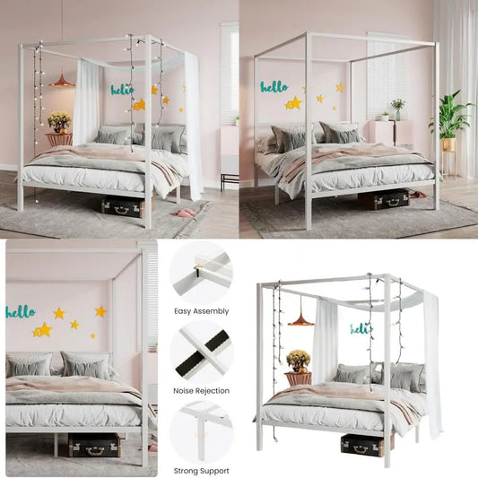Full Size White Metal Slat Canopy Bed Frame with Mattress Support, No Box Spring Needed, Easy Assembly