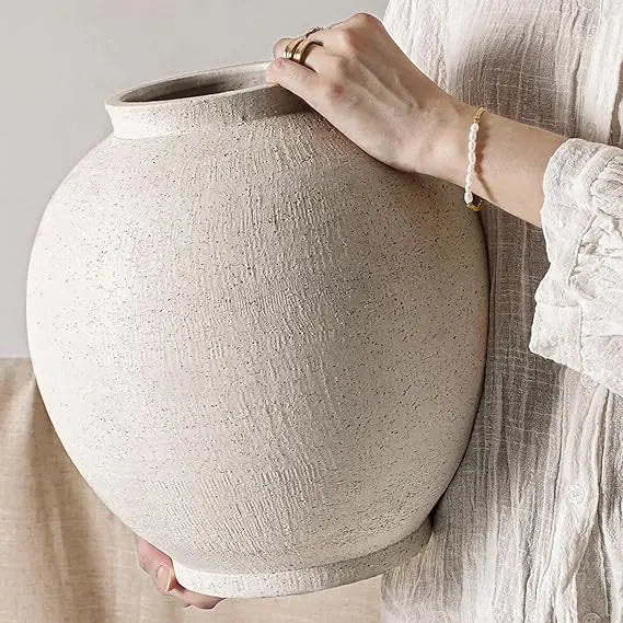 Large 12.5 Inch Round White Ceramic Floor Vase for Centerpieces, Farmhouse Rustic Minimalist Decor, Sandstone White Style