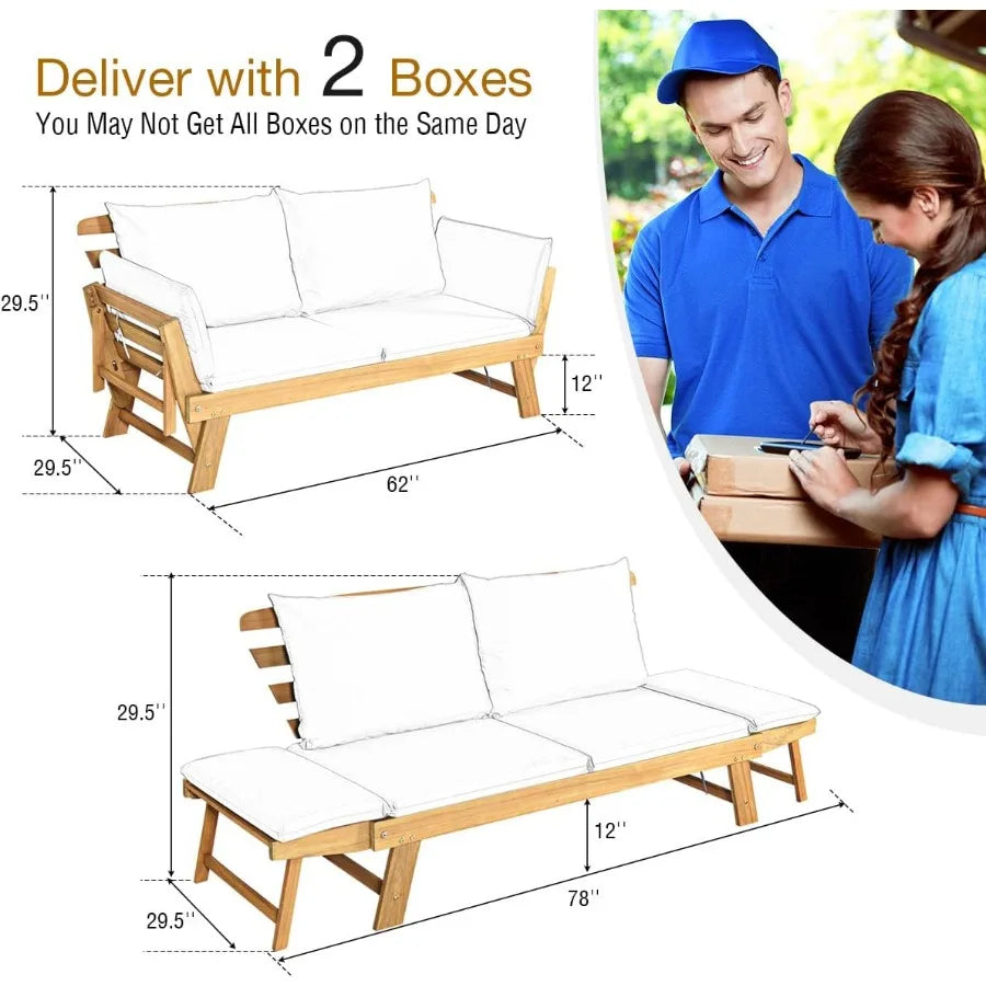 Convertible Acacia Wood Patio Couch Sofa Bed with Adjustable Armrest Outdoor Daybed with Cushion Pillows Outside Folding Futon