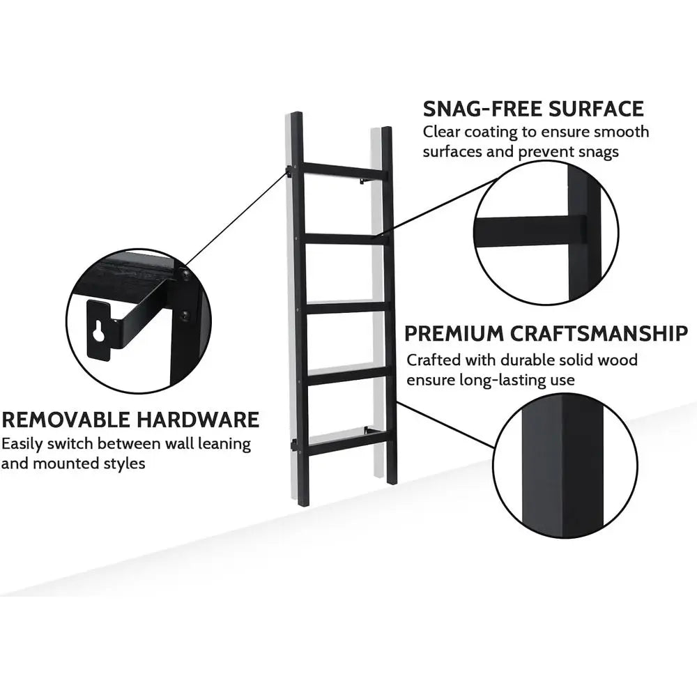 Rustic Black Wooden Ladder for Wall-Mounted Blanket and Quilt Display in Living Room, Farmhouse Style Bathroom Towel Rack