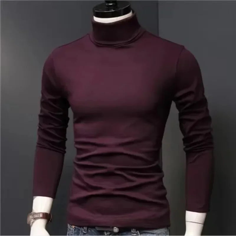 Spring New Men's Turtleneck T-shirt Long Sleeve Slim Fit Solid Color High Elastic Bottoming Pullovers Basic Style Male Tops