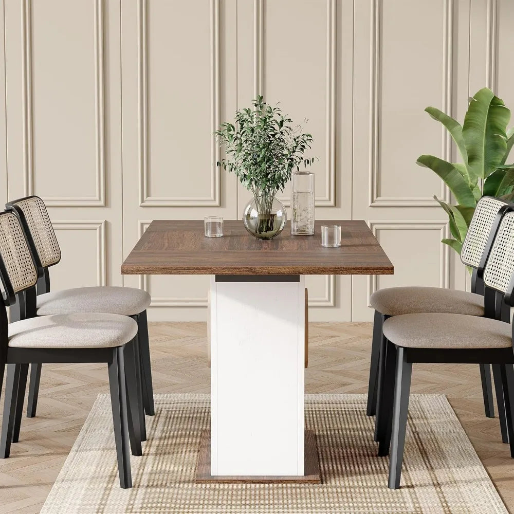 Modern Rectangular Dining Table for 6, Wooden Kitchen Furniture with Sturdy Base, Contemporary Dining Set